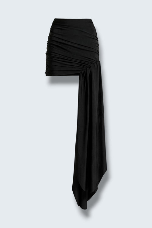 The Saint 54 Miss Rose black long-sleeve crop top featuring elegant ostrich feather cuffs on a model