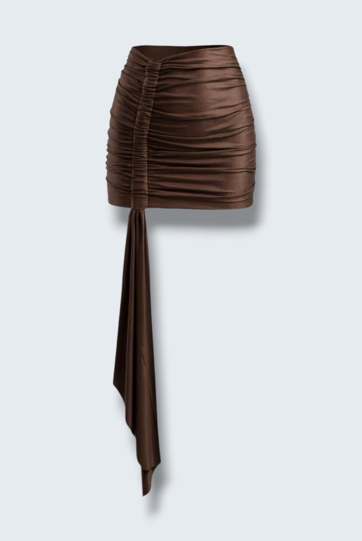 The Saint 54 Bad Girl BR brown high-waisted mini skirt with ruched detailing and an adjustable statement scarf.